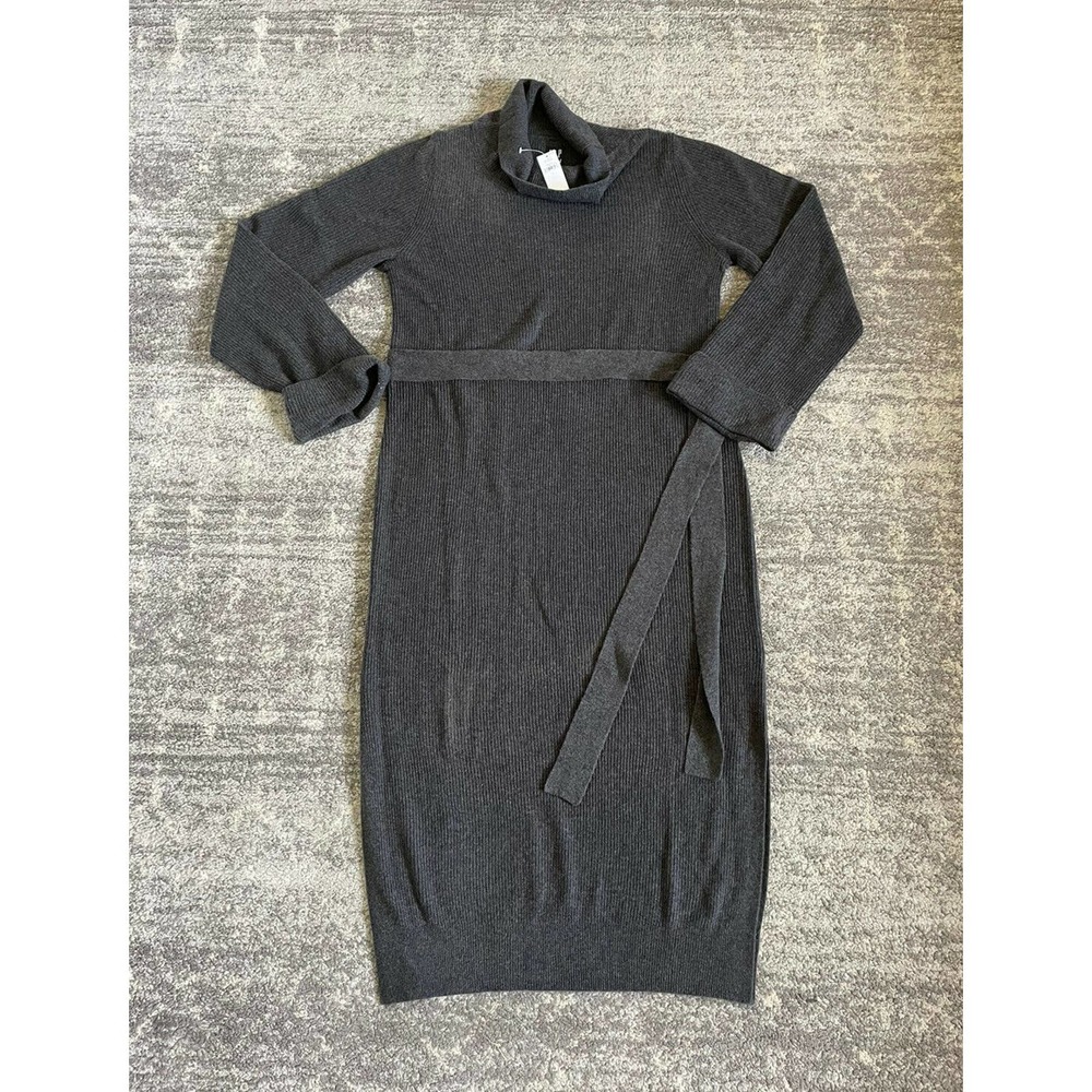 Gap Womens L Dress Gray Charcoal Ribbed Mid Length Cowl Neck Belted Slits NWT M6